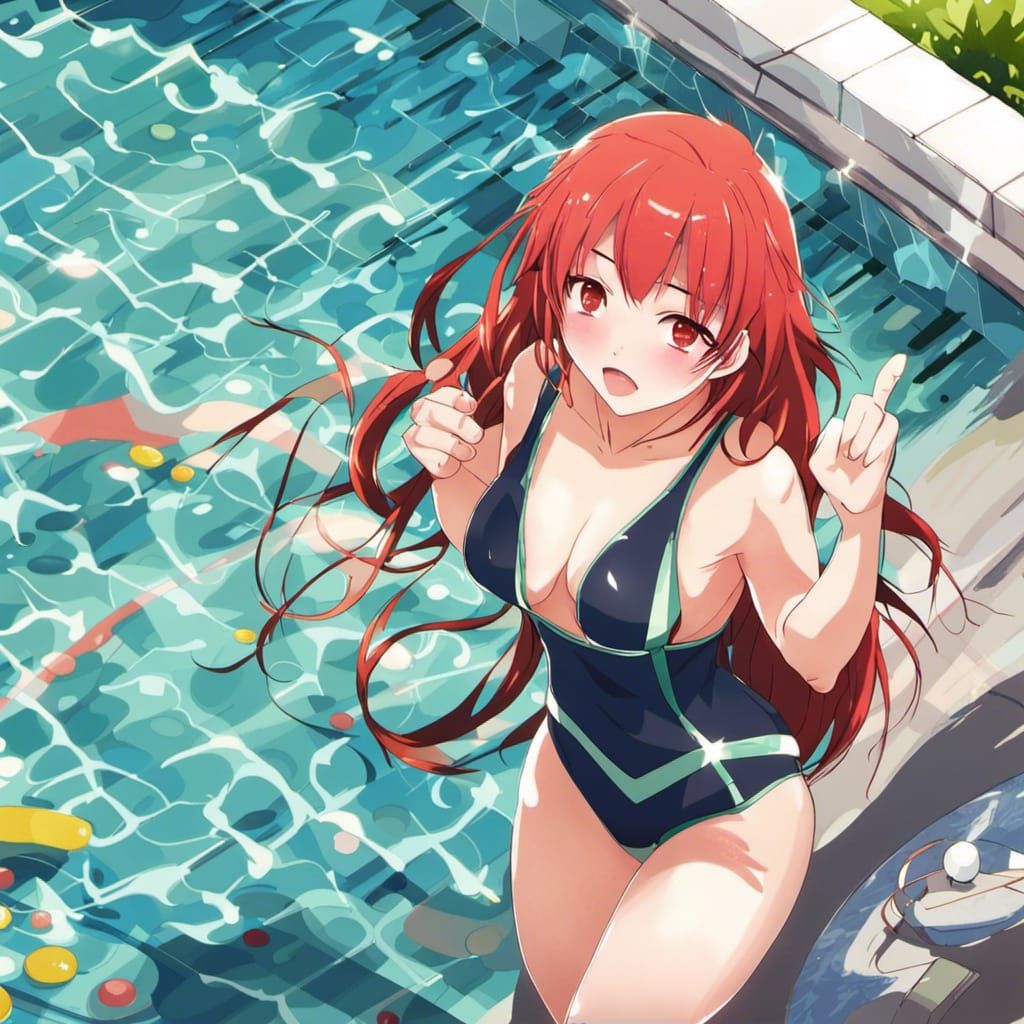 Anime Style Redhead in Swimsuit by Pool