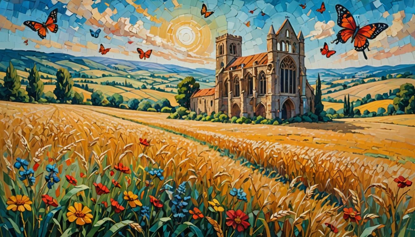 Impressionist Abbey Ruins in Summer Landscape