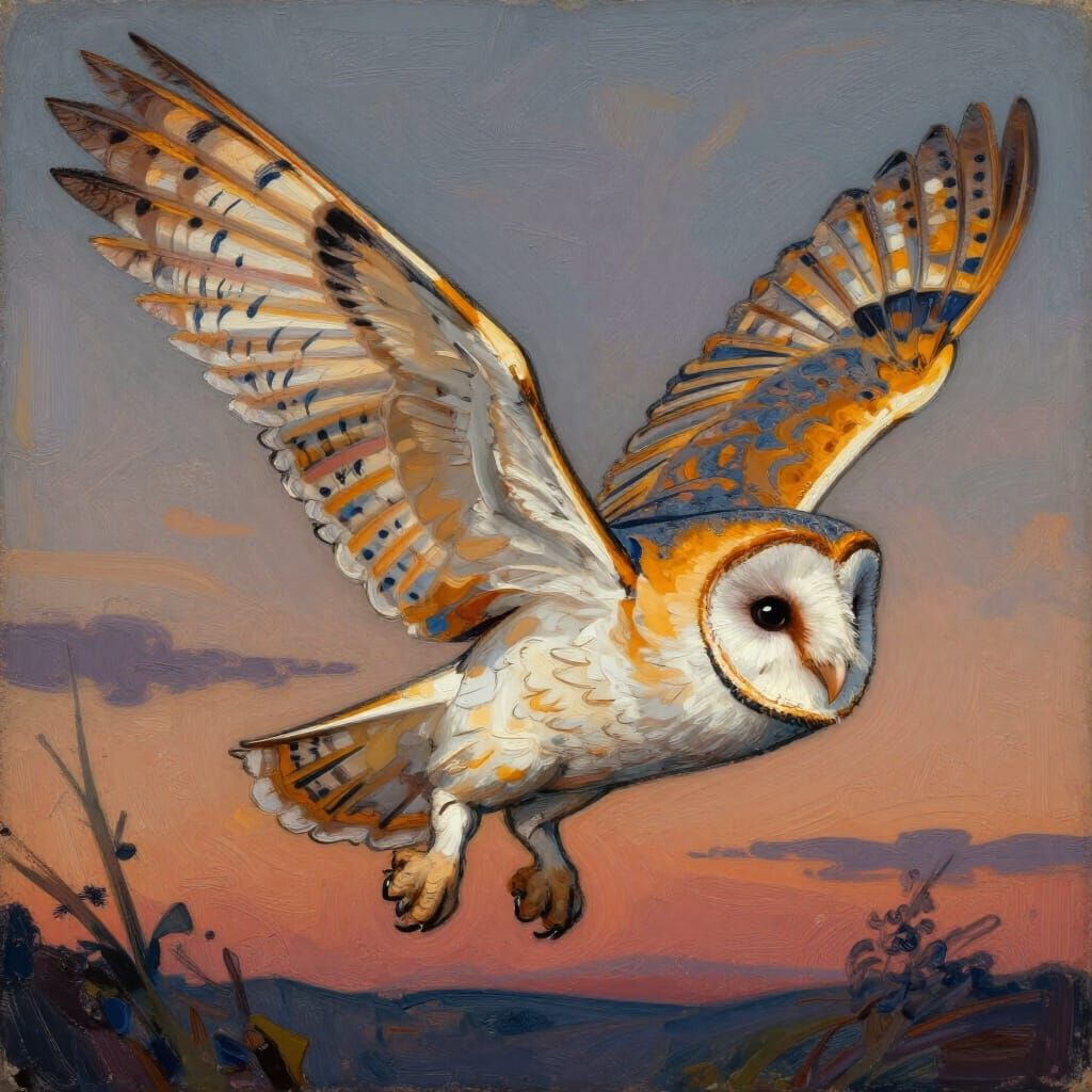 Barn Owl Takes Flight in Vibrant Vintage Style