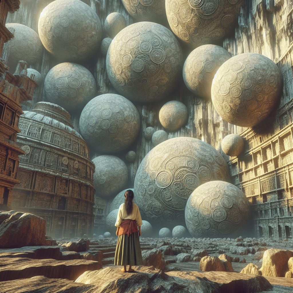 Girl Gazing at Spheres in Ancient Cavern