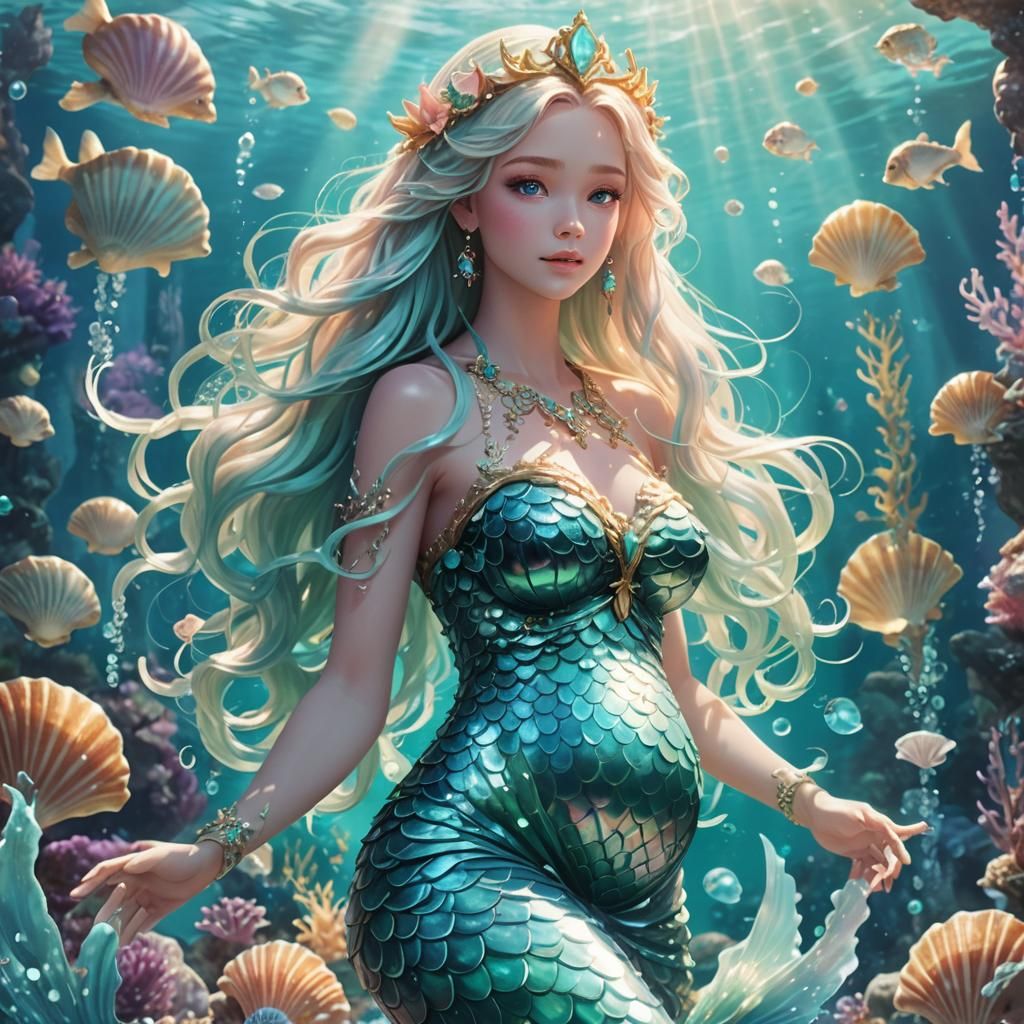 Pregnant Mermaid Queen in Anime Manga Style