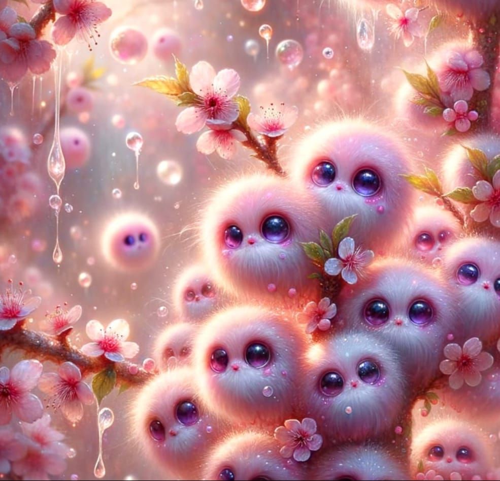 Pink Fantasy Creatures in Cherry Blossoms, Watercolour Paint...