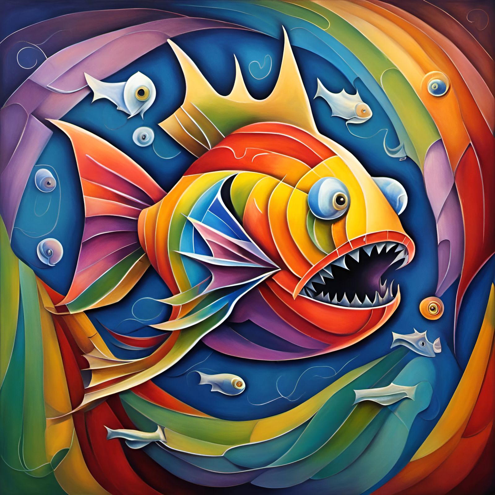 Dazzling Angler Fish in Cubist Oil Painting