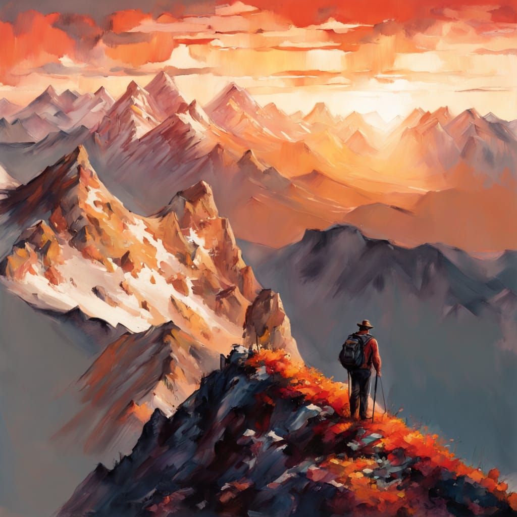 Hiker Overlooks Swiss Alps Sunset in Gouache Style