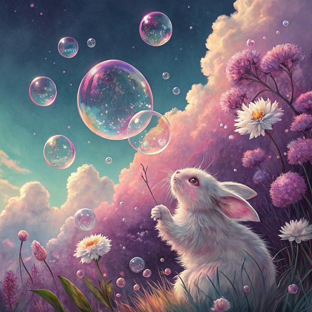 Bubbles and Flowers Ascend to Purple Cloudscape