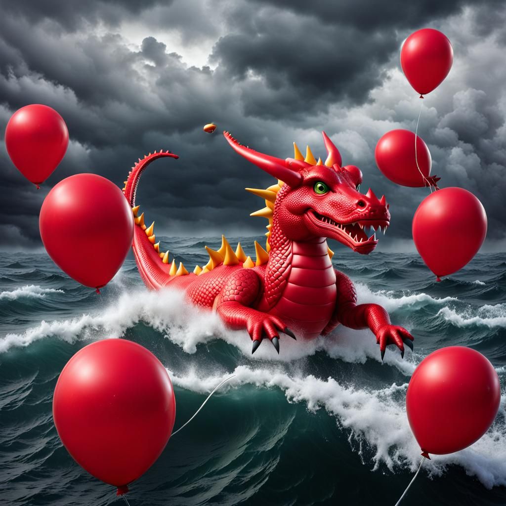 Playful Rubber Dragon Drowning in Balloon Sea