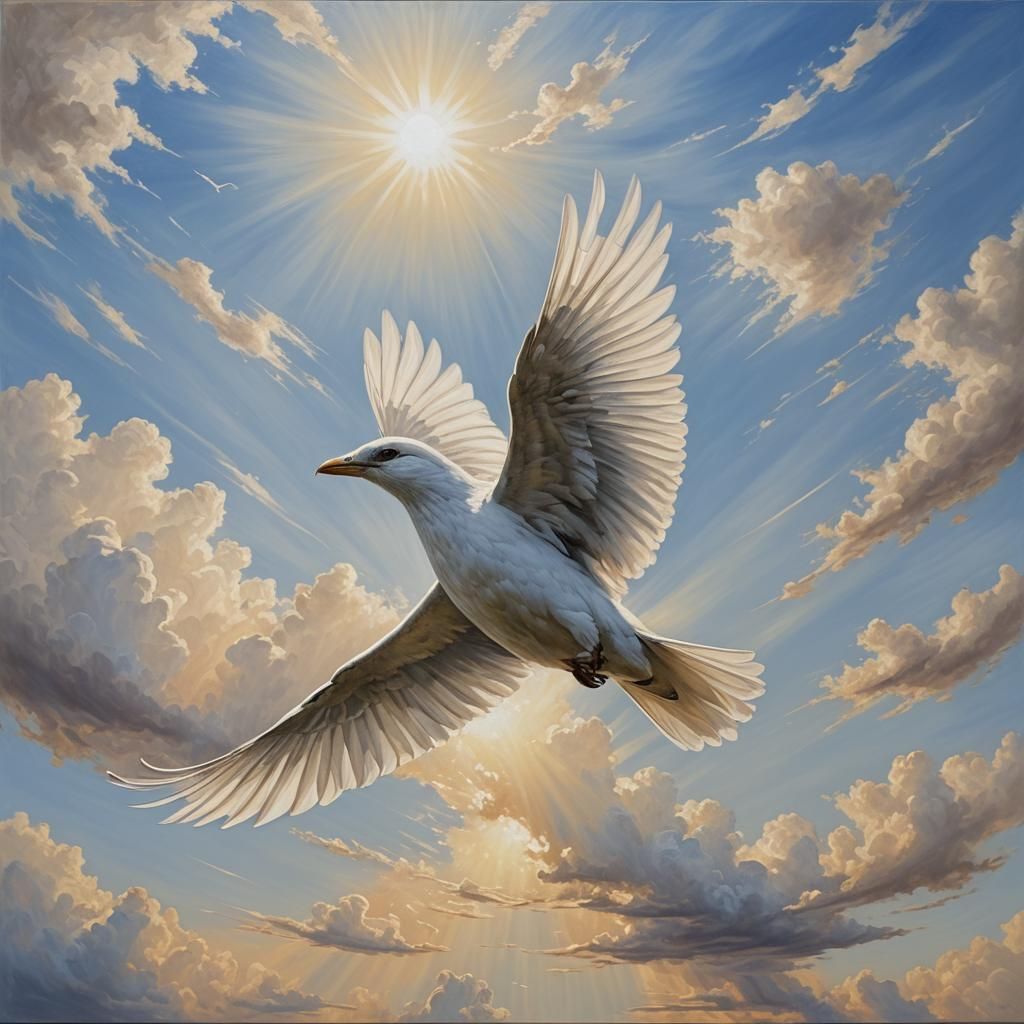 White Bird Flying in Sunny Sky as Oil Painting