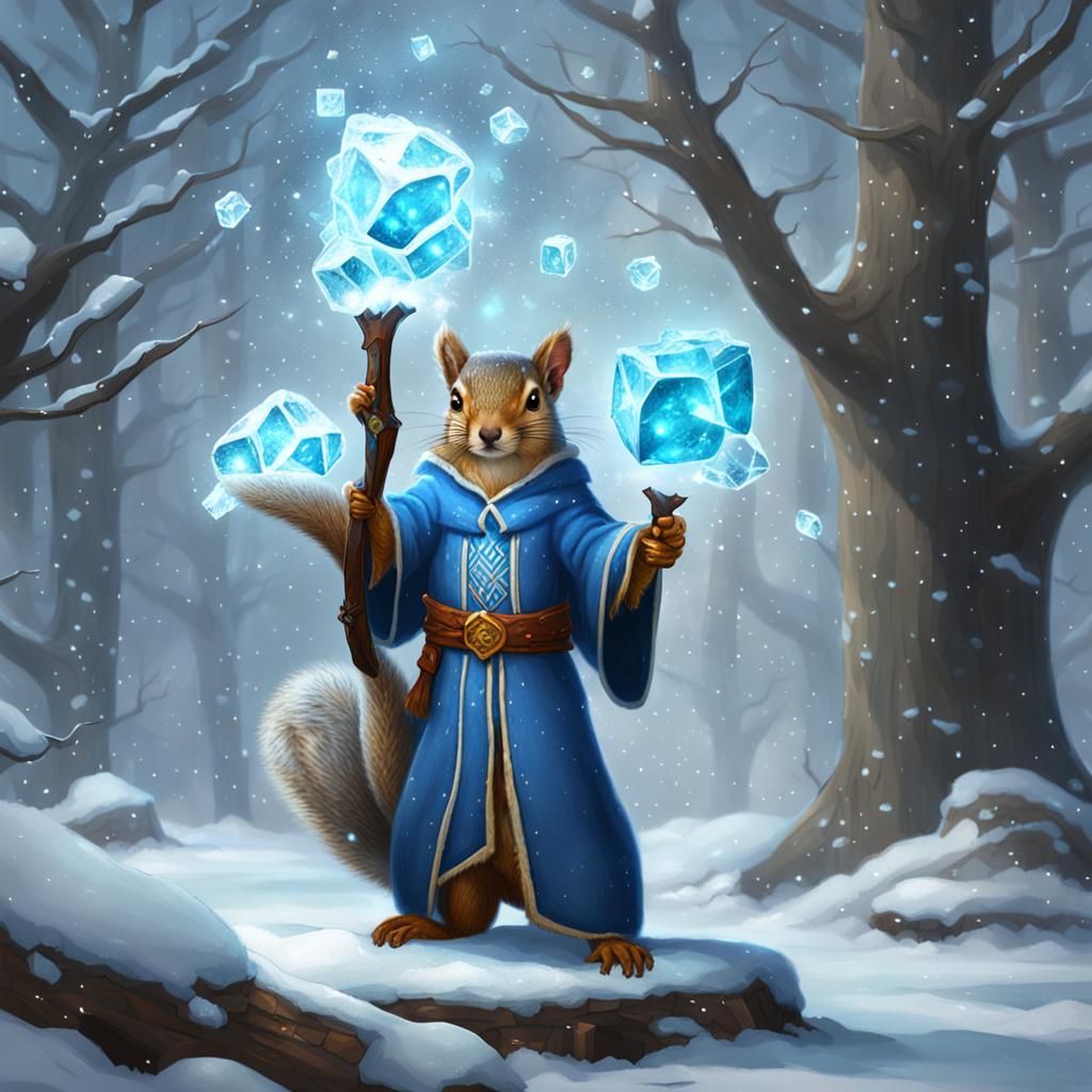 Squirrel Mage Conjuring an Ice Storm