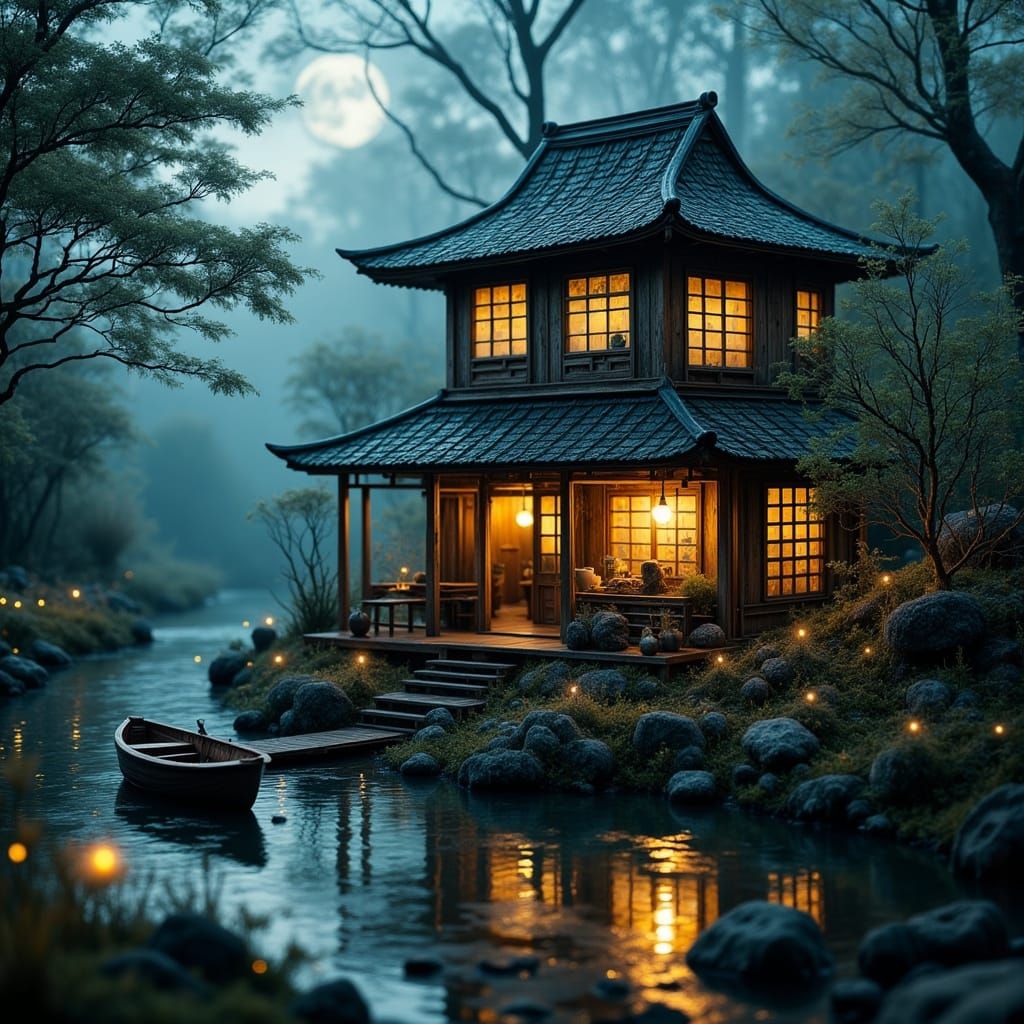 Miniature Japanese Teahouse in Moonlit Alley