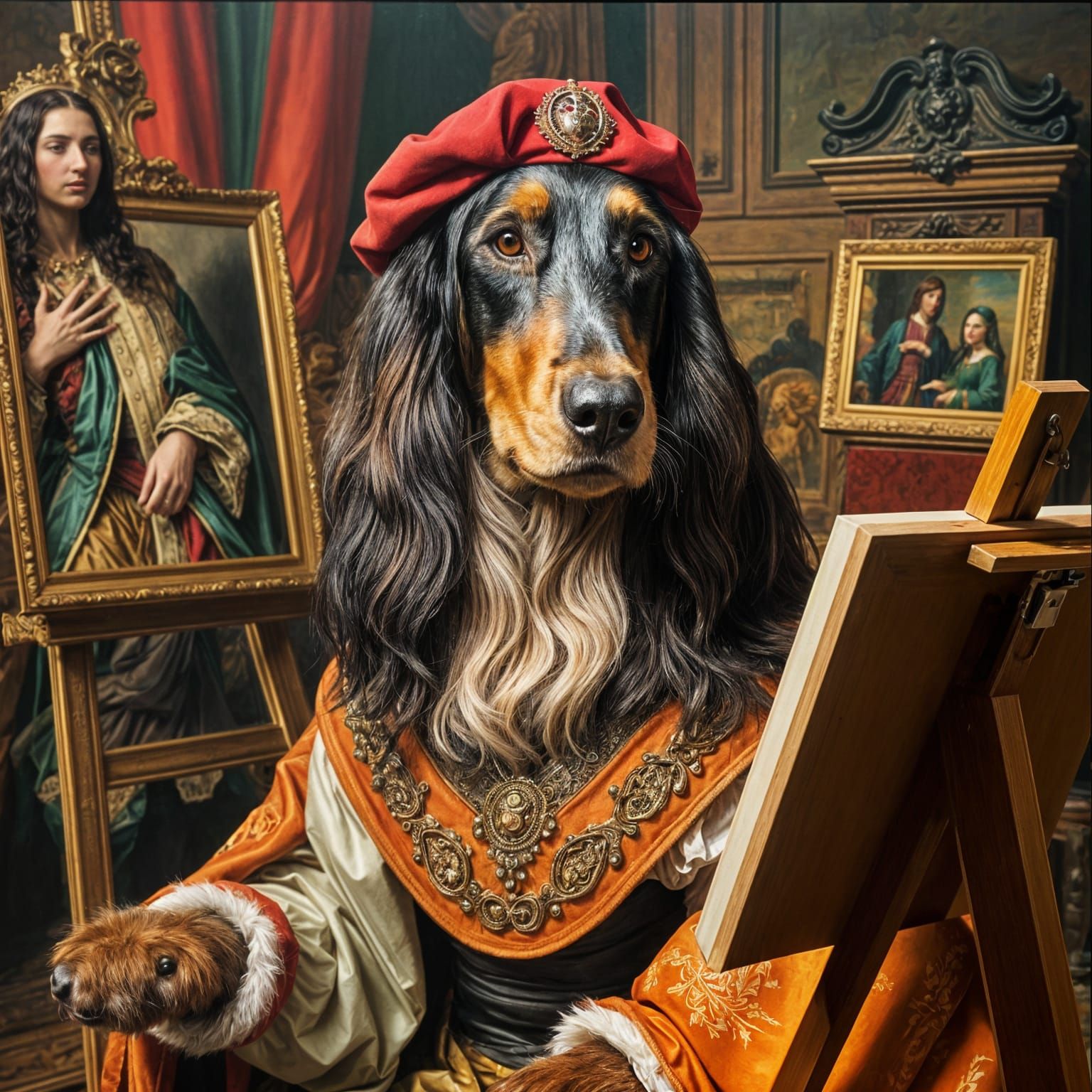 A Majestic Afghan Hound Painter in Elegant Renaissance Studi...