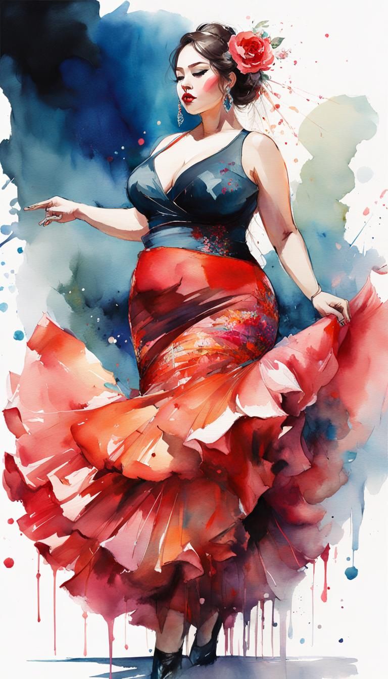 Voluptuous Flamenco Dancer, Watercolor Manga Portrait