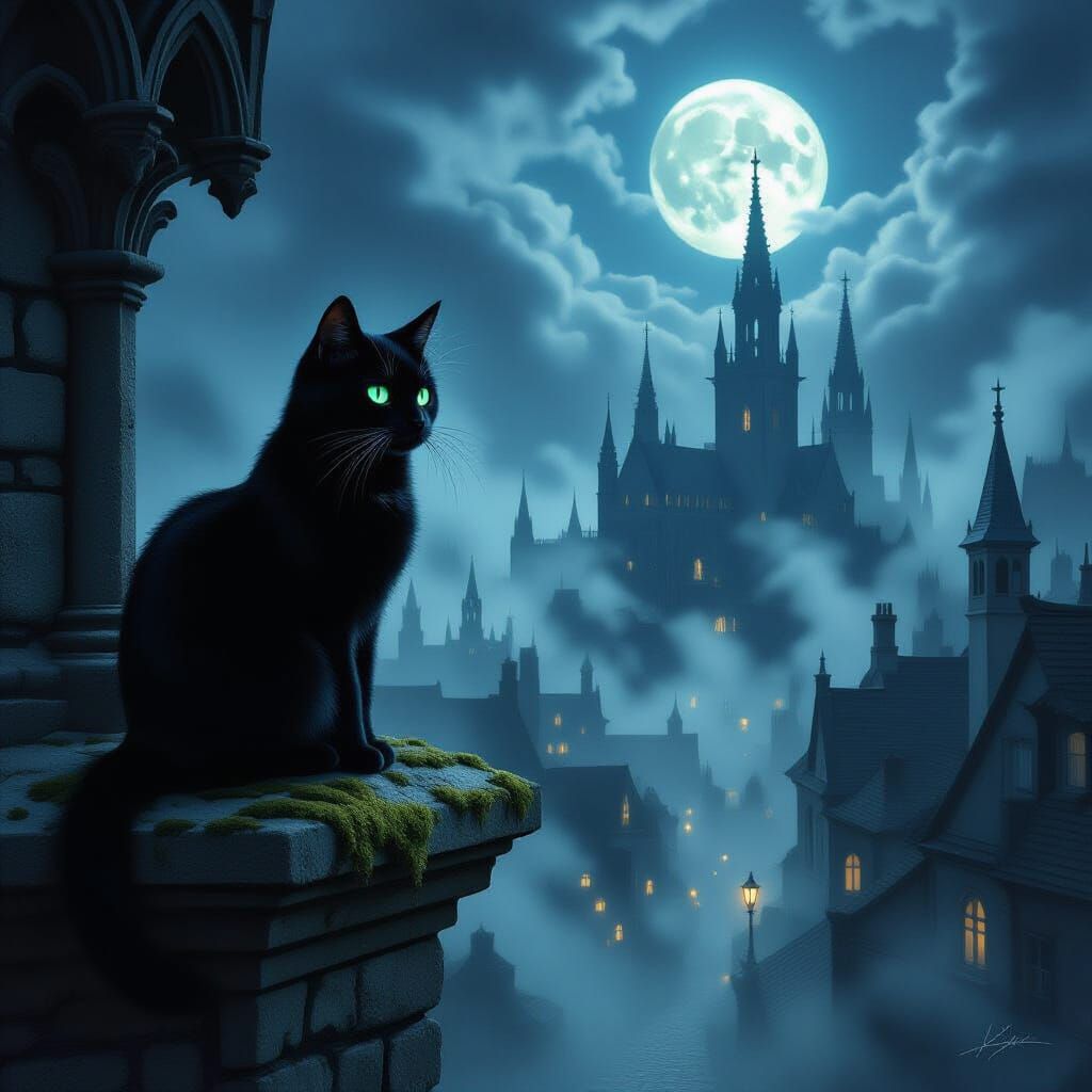 Black Cat on Gargoyle in Moonlit Gothic City