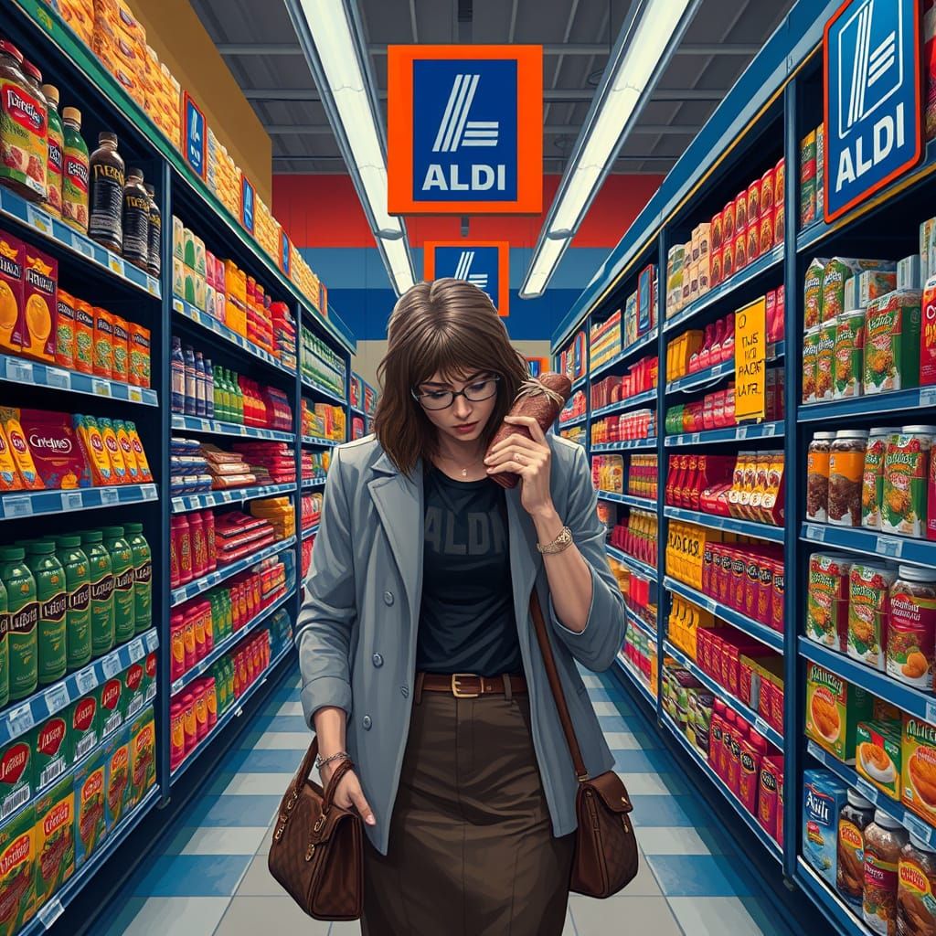 Stylish Woman Questions Salami Freshness in Aldi Store