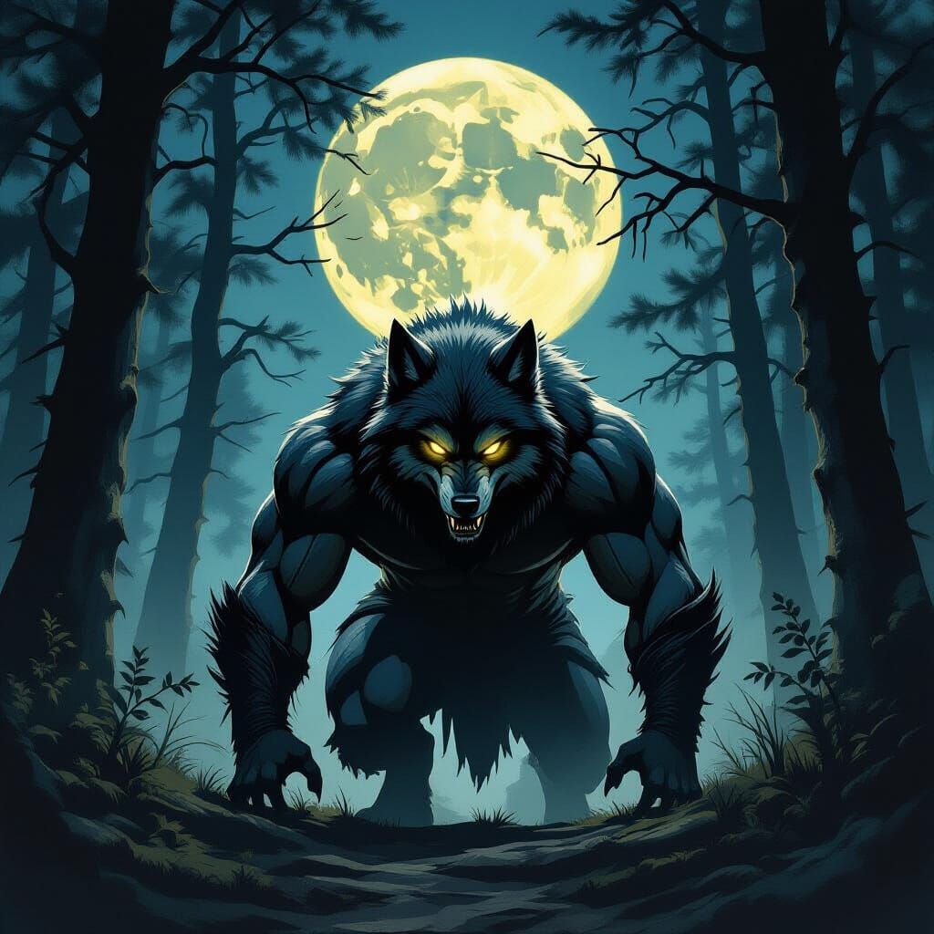 Muscular Wolfman in Moonlit Forest