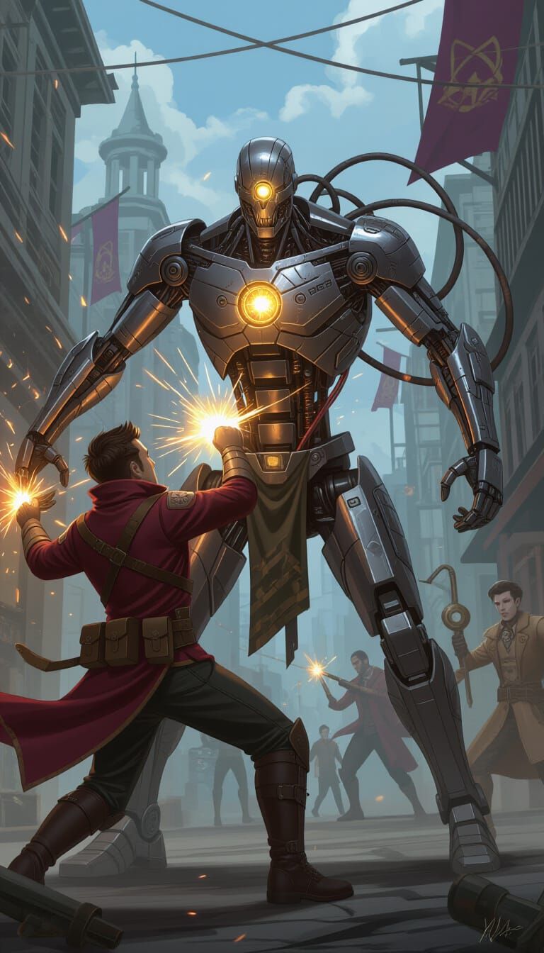 Hero Battles Cyborg in Arcane Zaun Cityscape