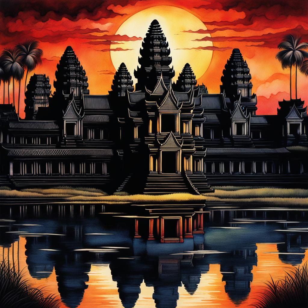 Melancholic Sunset at Angkor Wat: Dark Fantasy Watercolour