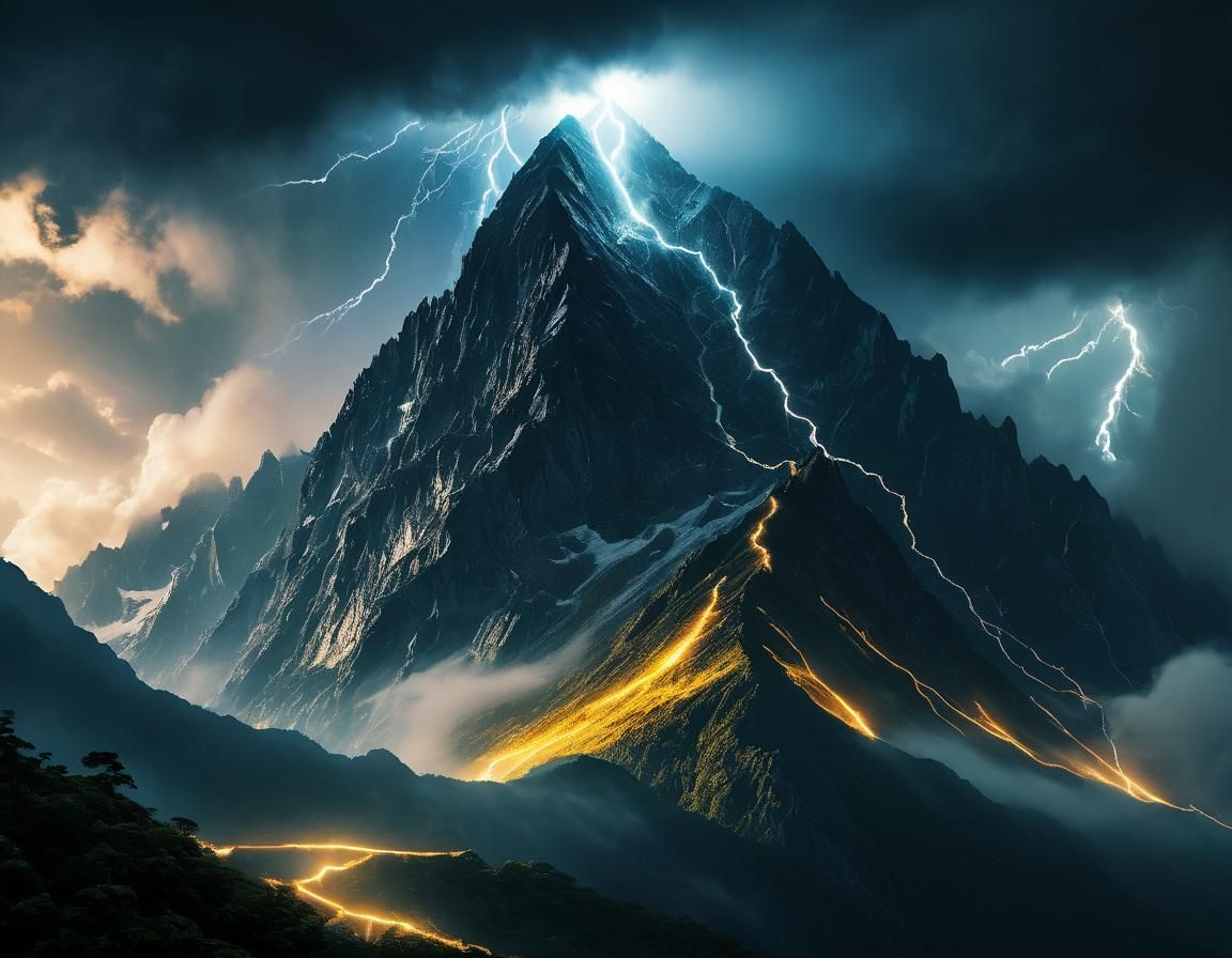 Spectacular Gold Lightning Strikes Enormous Mountain