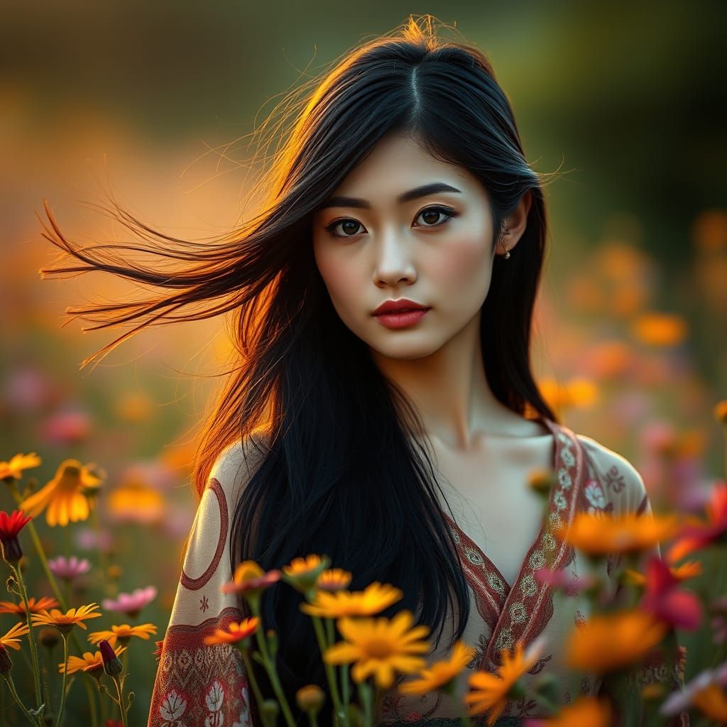 Japanese Woman in Wildflower Field at Dawn