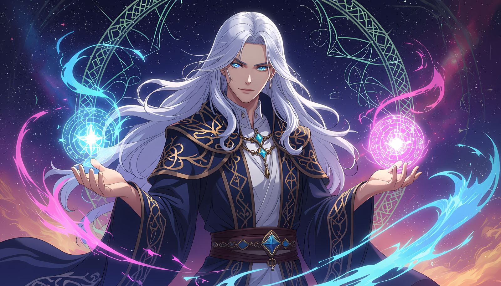 Anime Sorcerer with Silver Hair and Blue Eyes