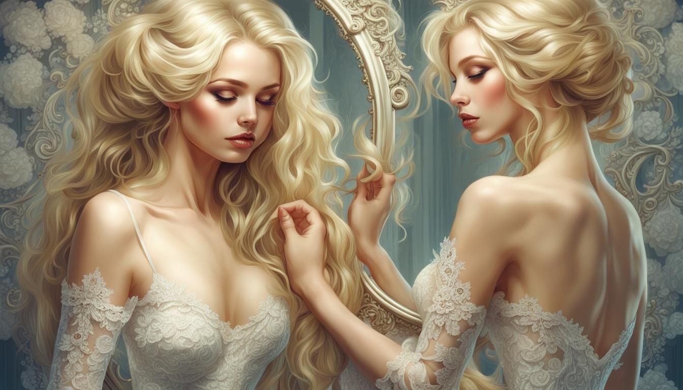 Woman Combing Hair in Mirror, Ethereal Style