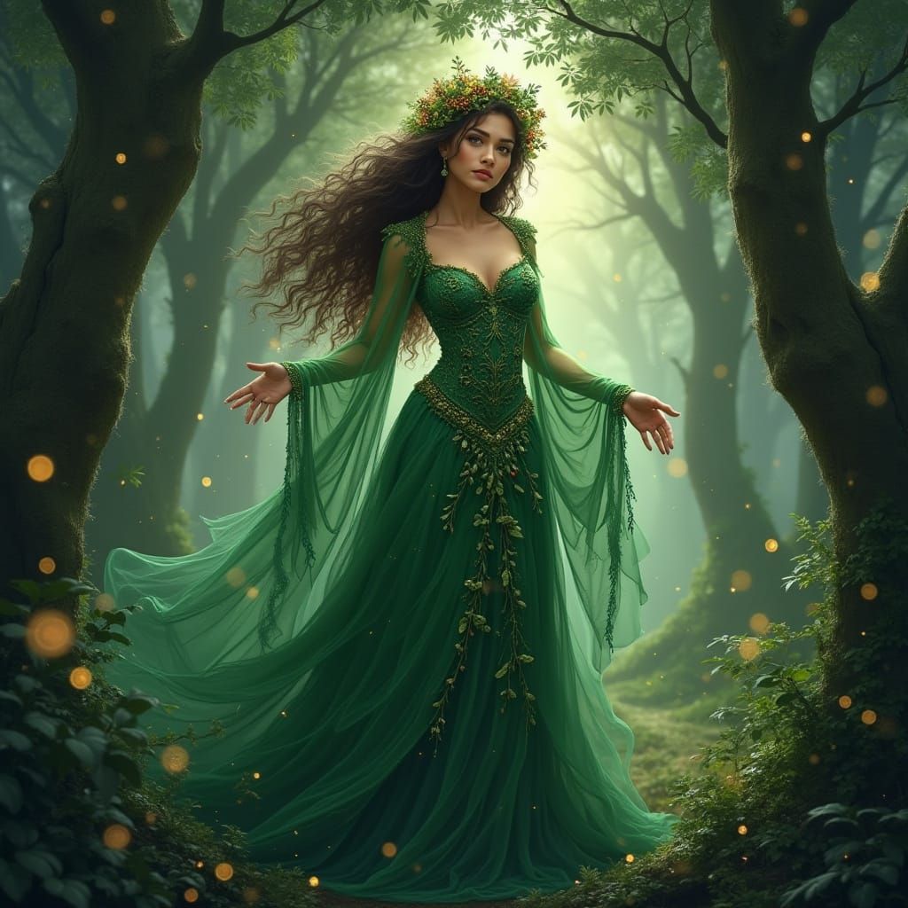 Ethereal Goddess Reigns in Lush Forest Landscape