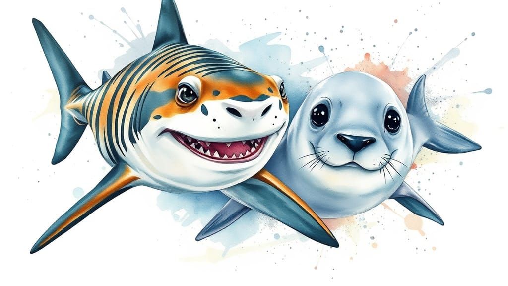 Smiling Shark and Seal Swim Together in Watercolour