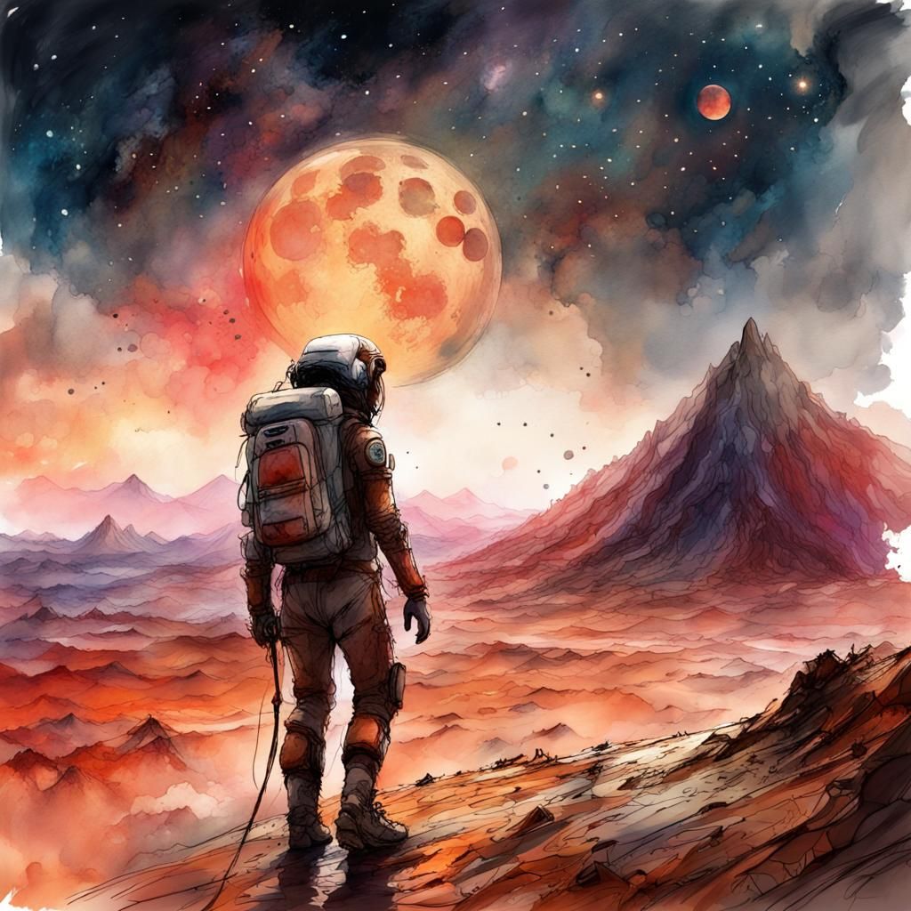 Martian Volcanoes and Galactic Paths in Watercolor