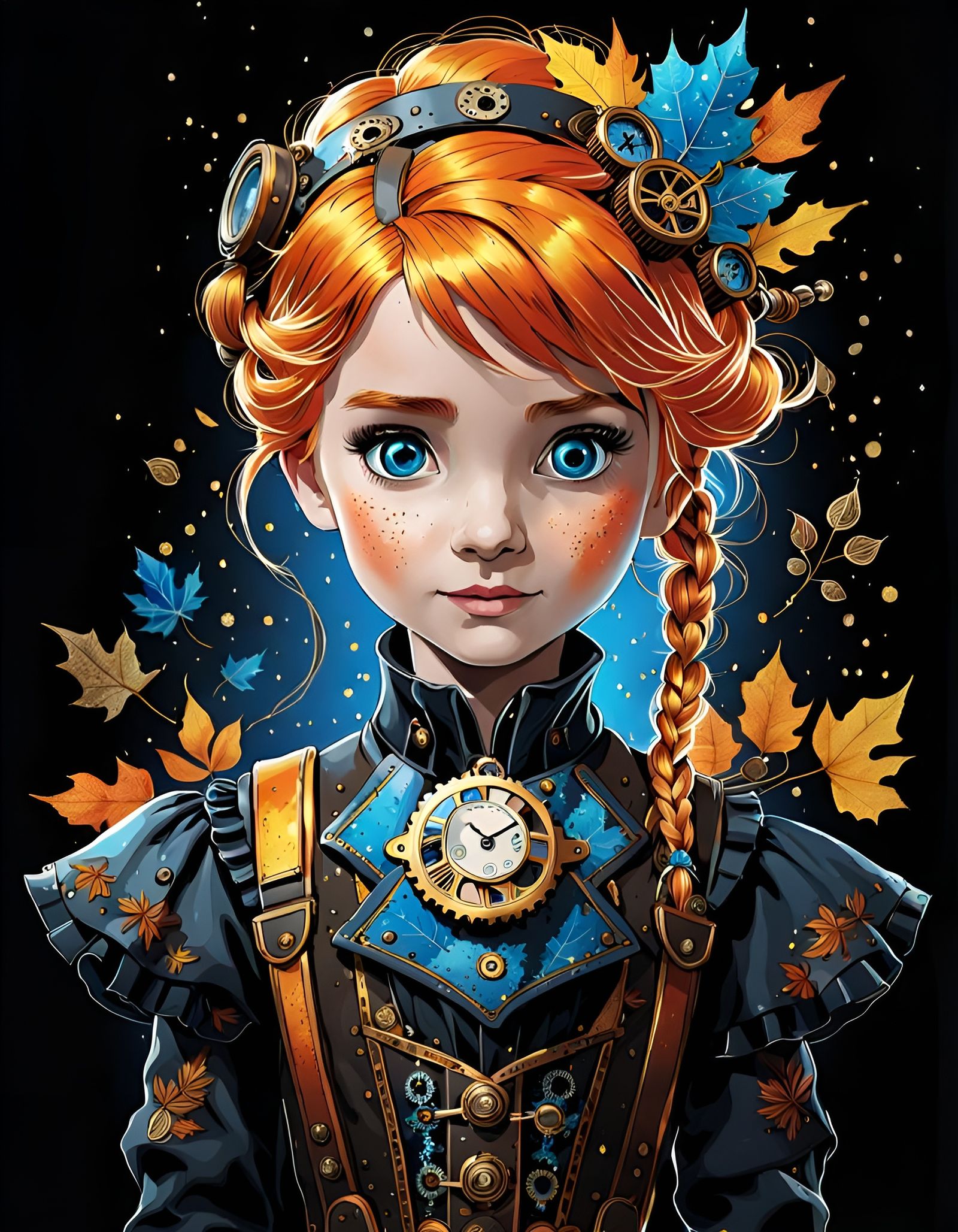Steampunk Anna Portrait with Ink Splatter and Autumnal Motif...