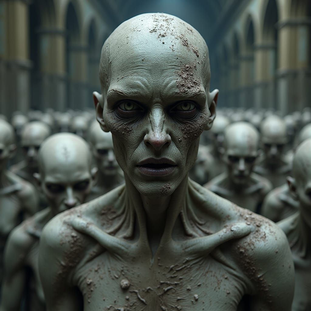 Decaying Figure in Gothic Cathedral: Surrealist Horror