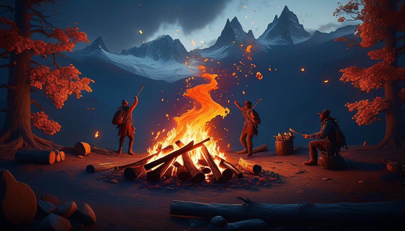 Fantastical Dance Around Fire in Matte Painting Style