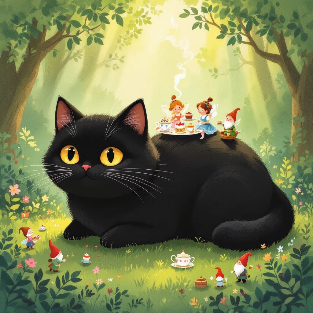 Whimsical Tea Party on Giant Cat in Enchanted Forest