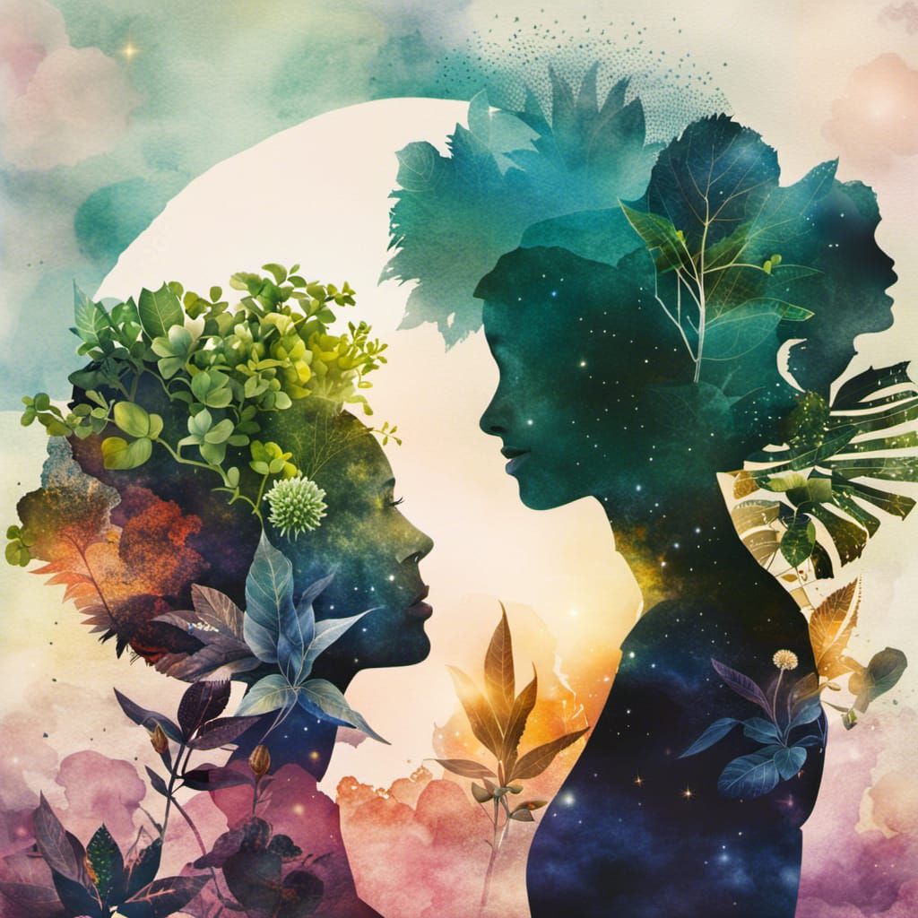 Watercolor Collage: Plant Woman in Space