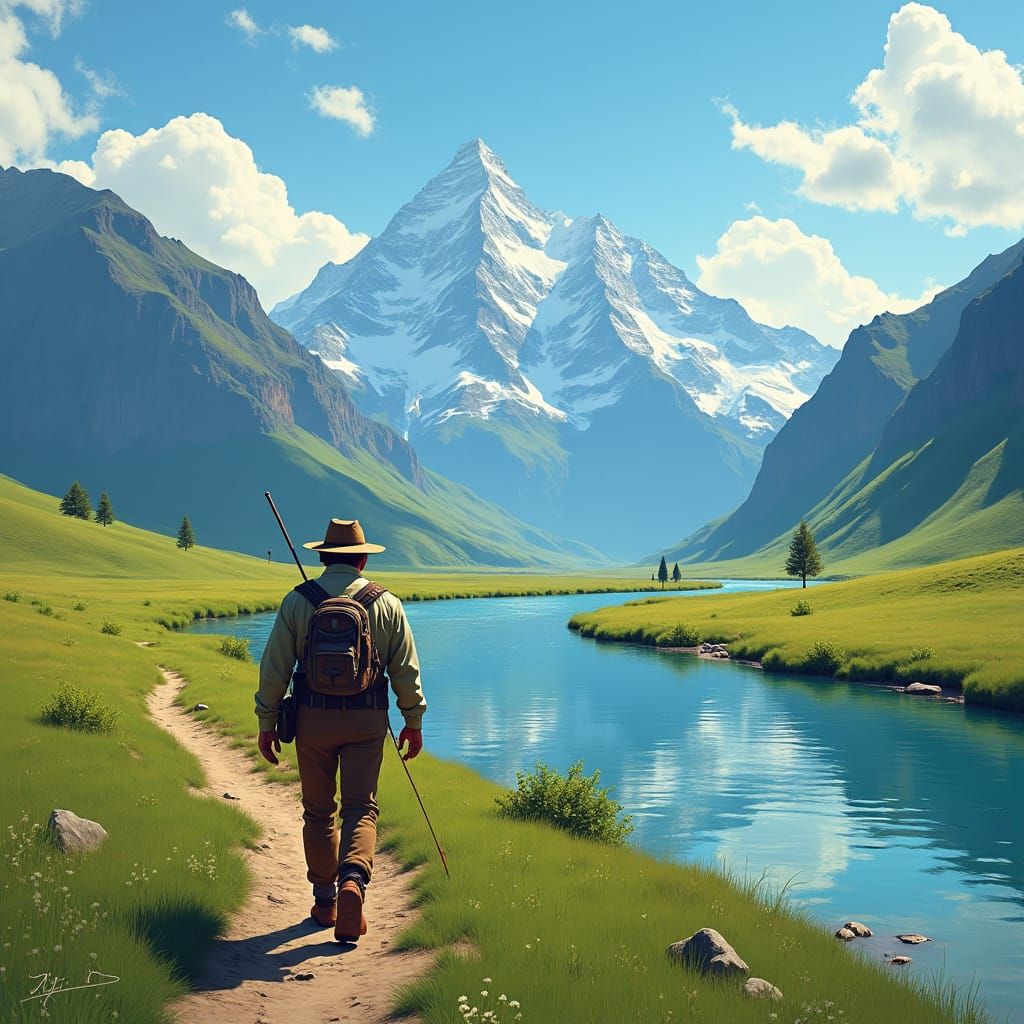 Angler Walking to River with Teton Mountains