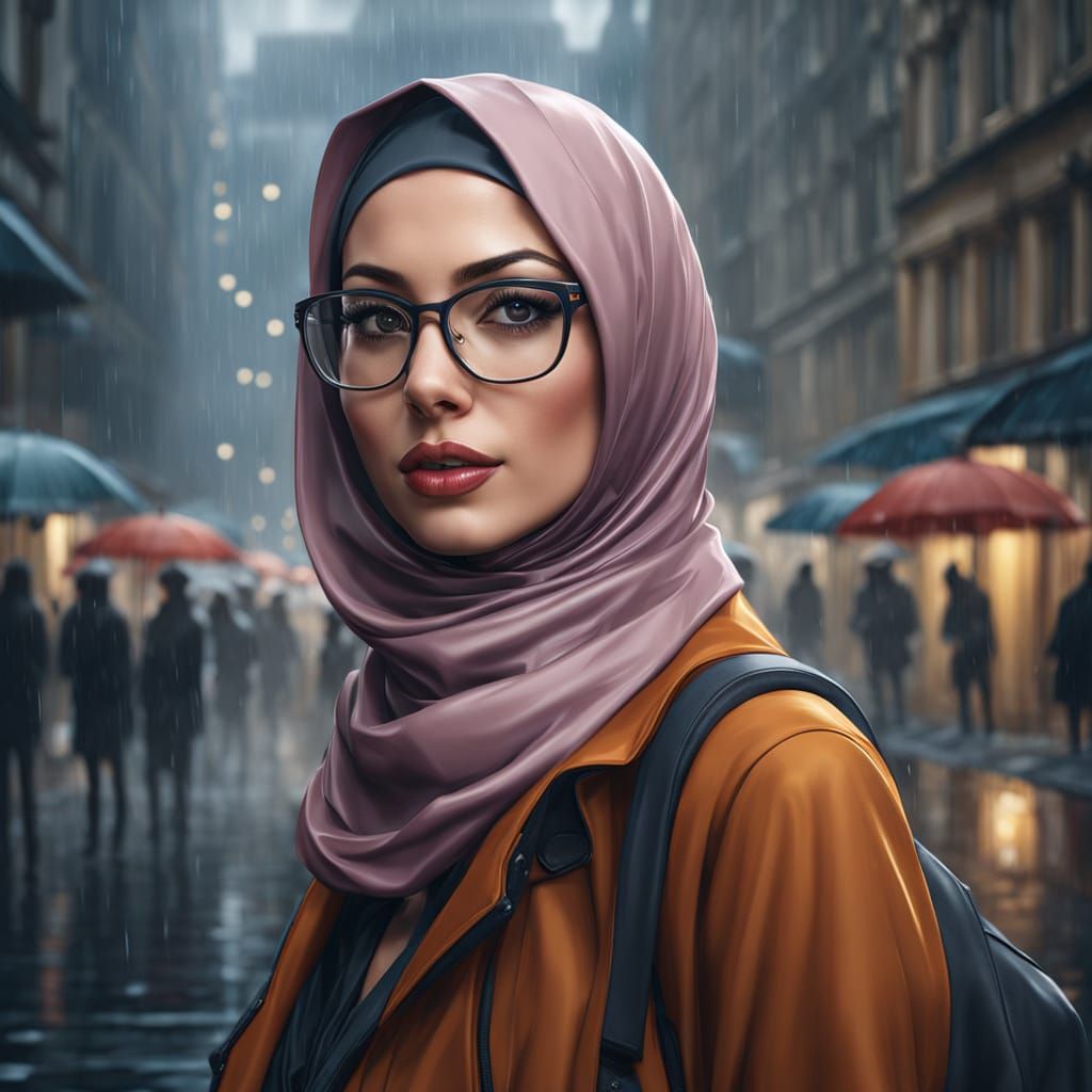 Modest Beauty in Rainy Cityscape Portrait