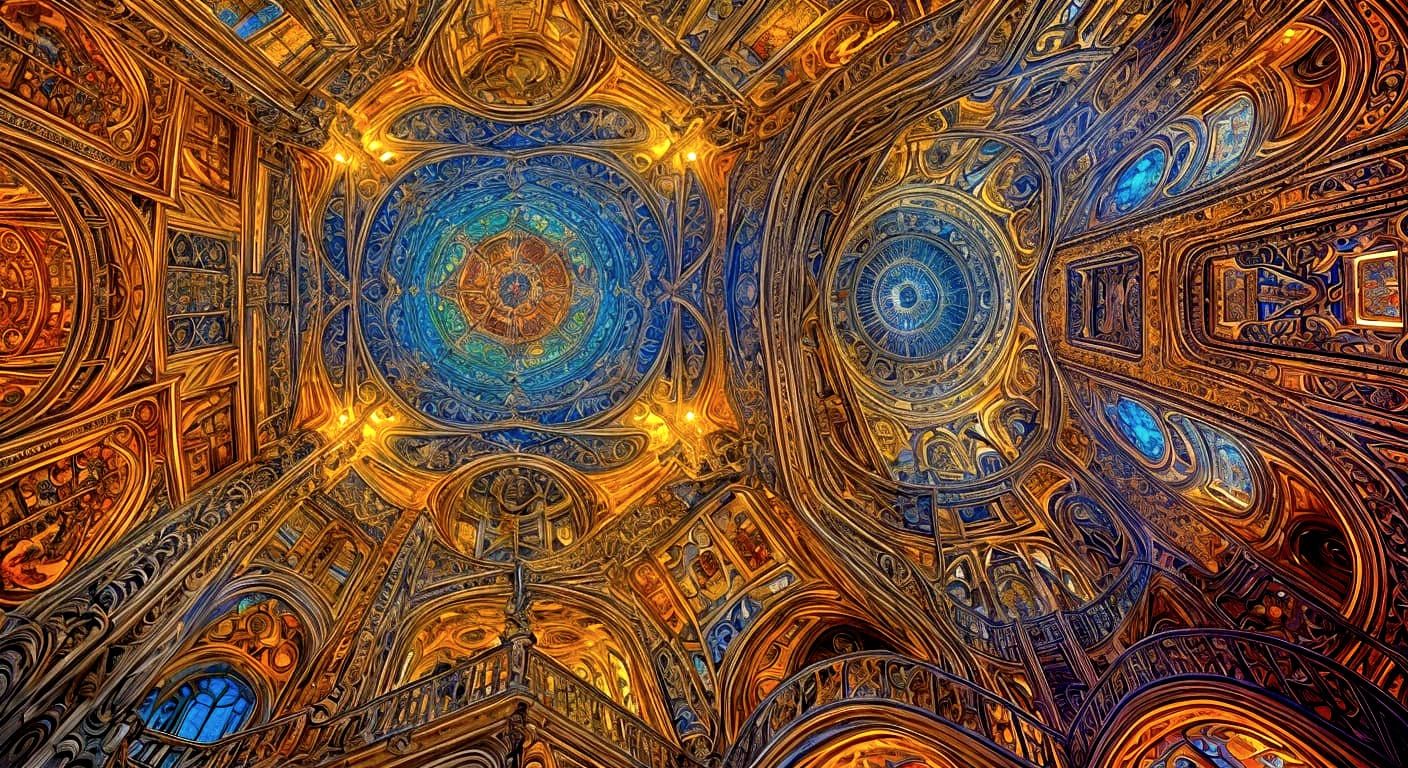 Escher-Inspired Baroque Cathedral with Cosmic Stained Glass