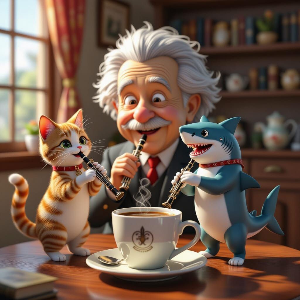 Cats, Shark, and Einstein Dance in Coffee Cup