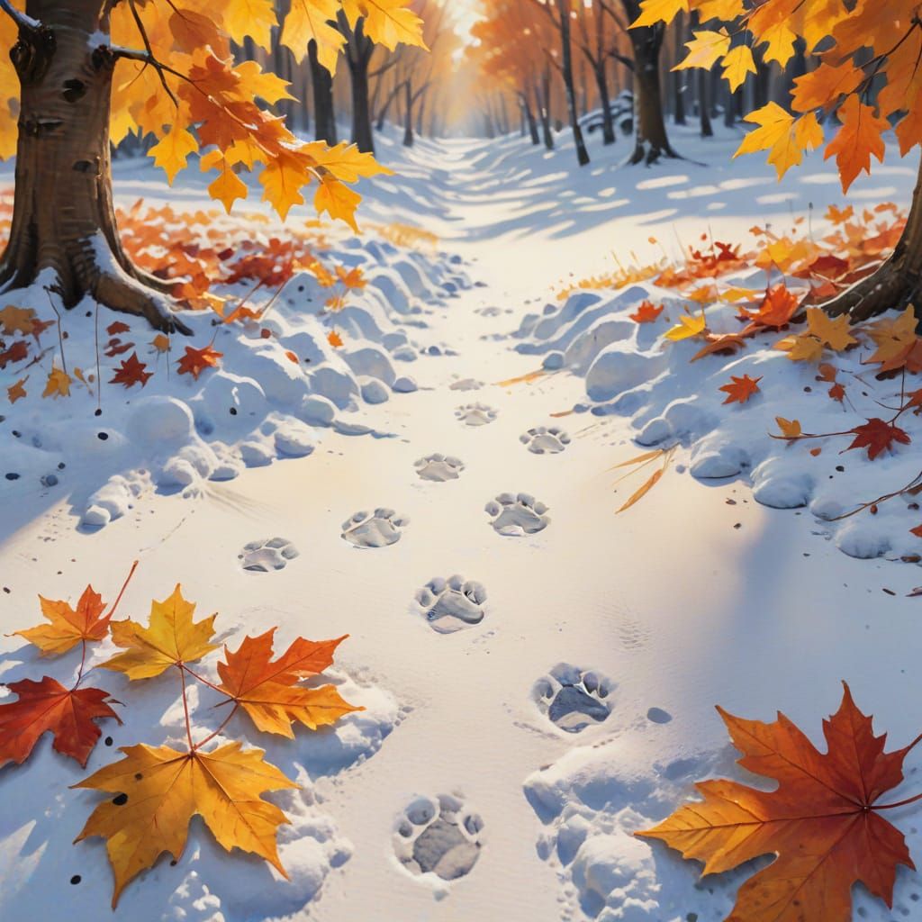 Dog Paw Prints in Snow, Impressionist Gouache Painting