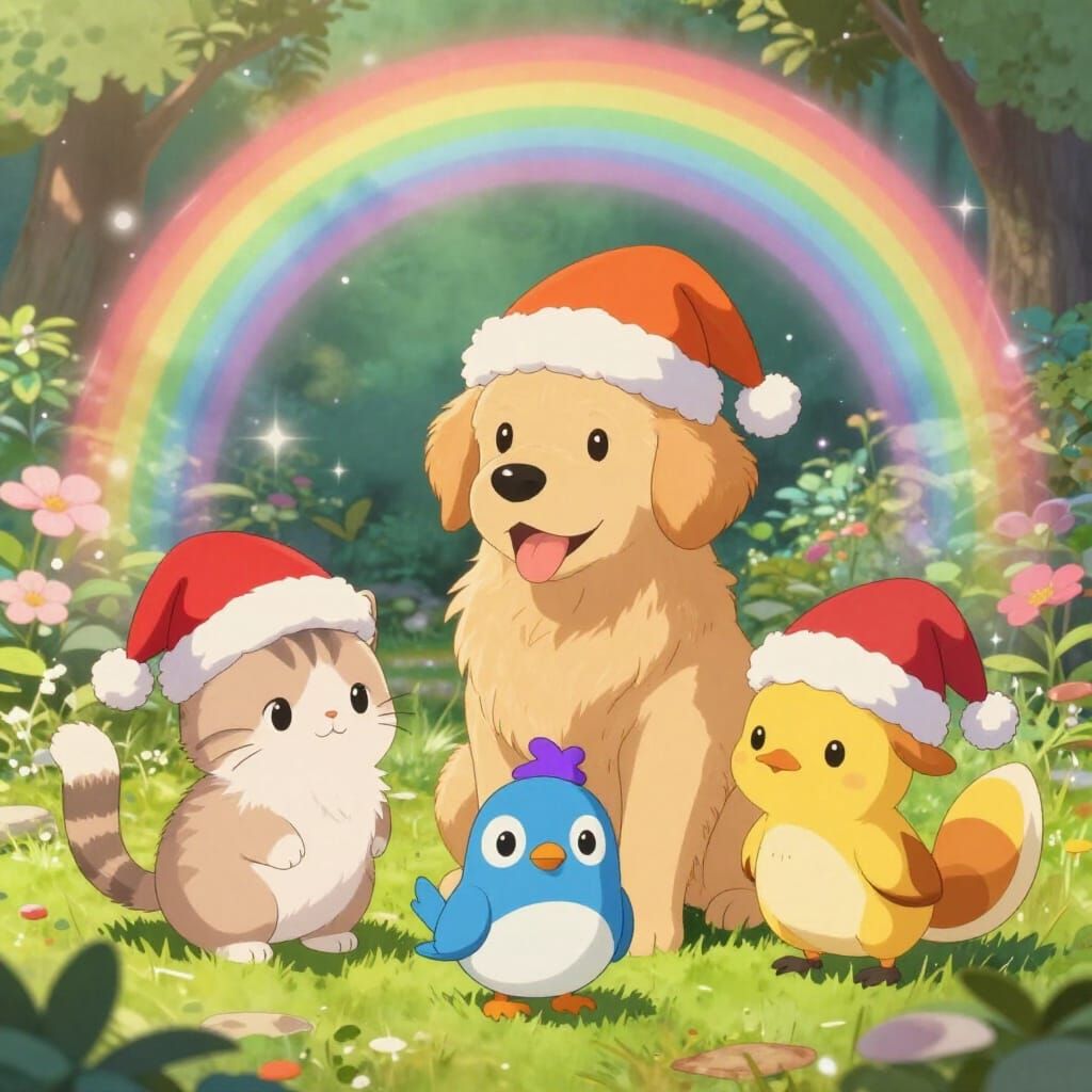 Whimsical Animals in Santa Hats in Japanese Garden