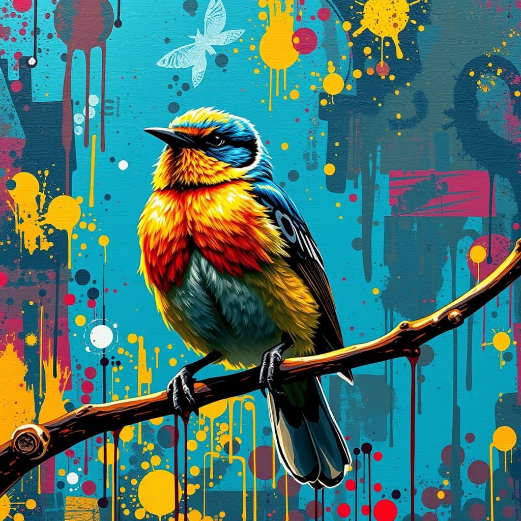 Vibrant Bird Art in Basquiat Splatter Style