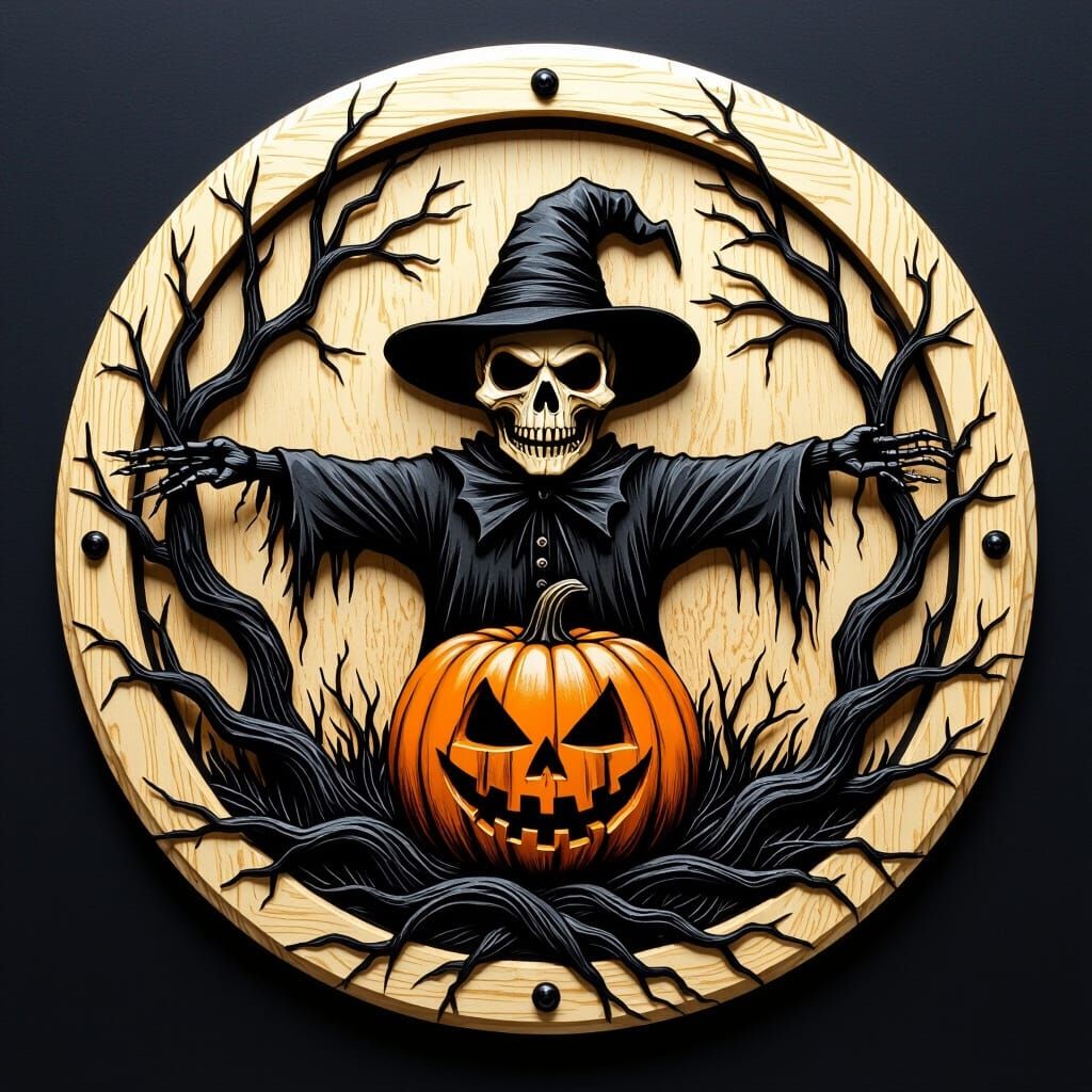 Scary Pumpkin Scarecrow in Wood Relief Frame