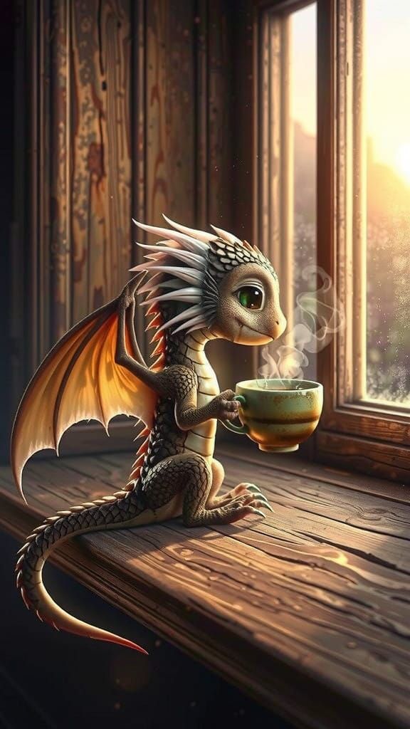 Fantasy Coffee Shop Dragon in Whimsical Style