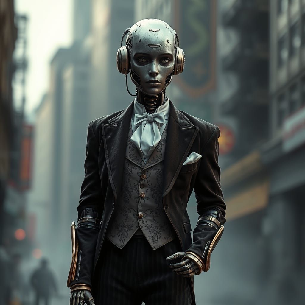 Formal Dieselpunk Android in Distressed Exoskeleton