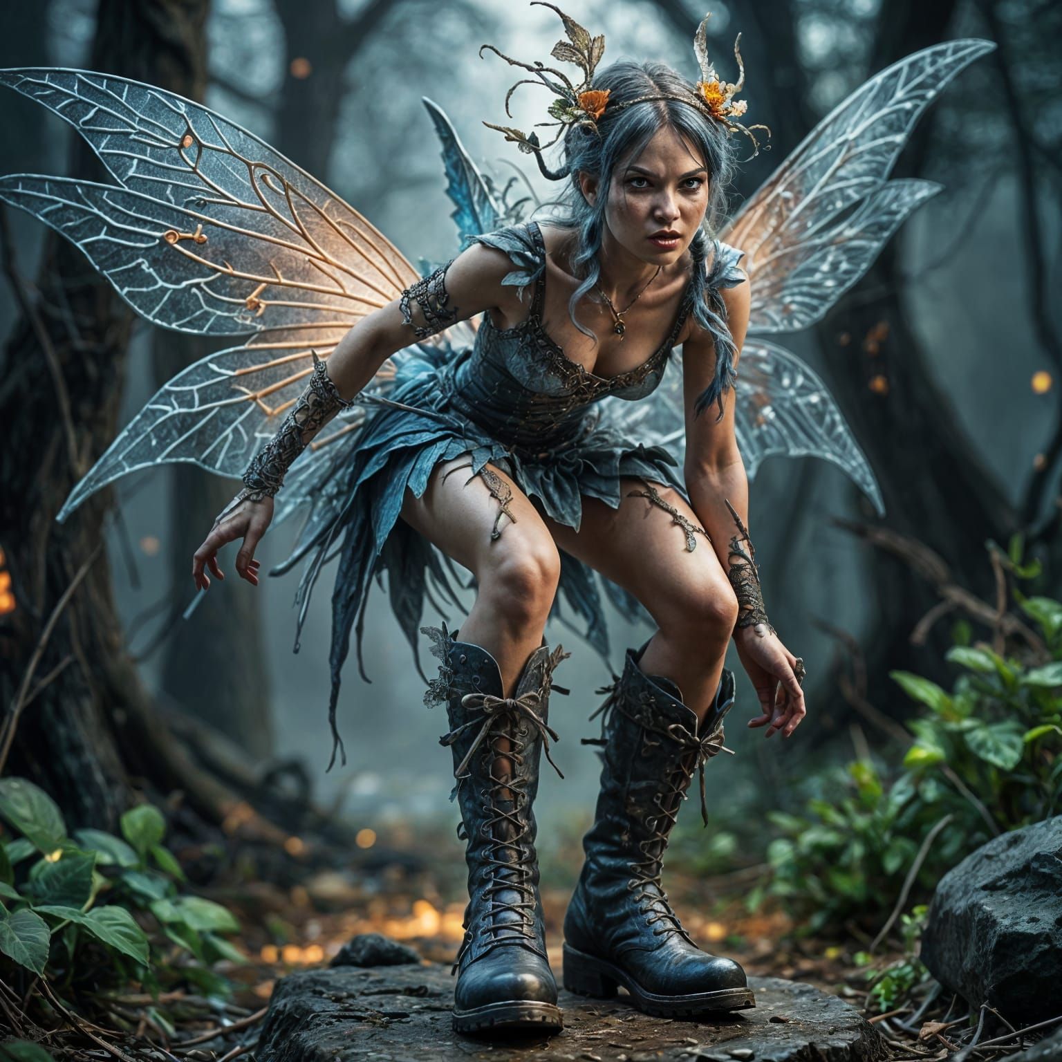 Eccentric Fairy in Boots Close-Up: Hyperrealistic Image