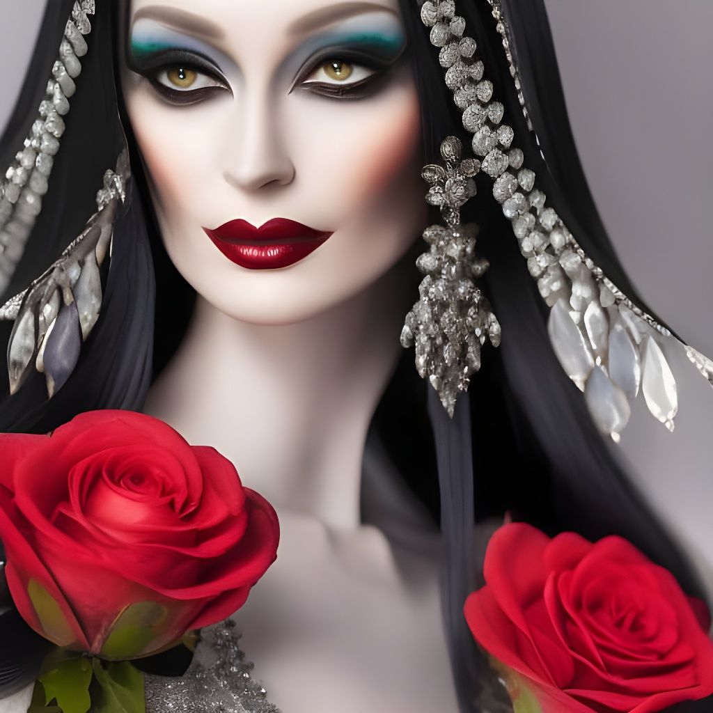 Morticia Addams Portrait with Scissors, Hyperdetailed Art