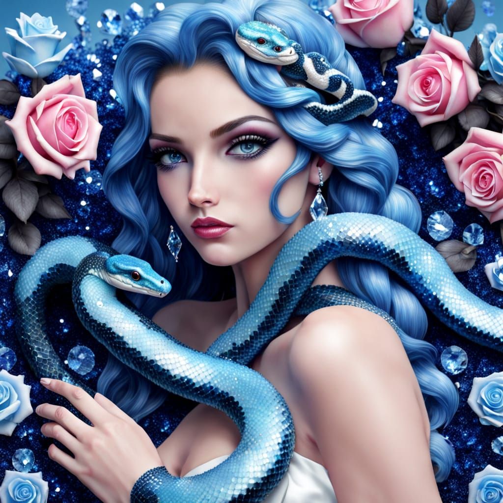 Crystal Snake Among Glittering Blue Sugar Roses