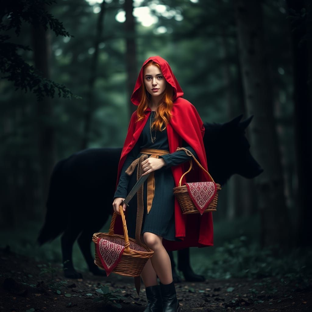 Red-Haired Woman with Wolf Shadow in Forest
