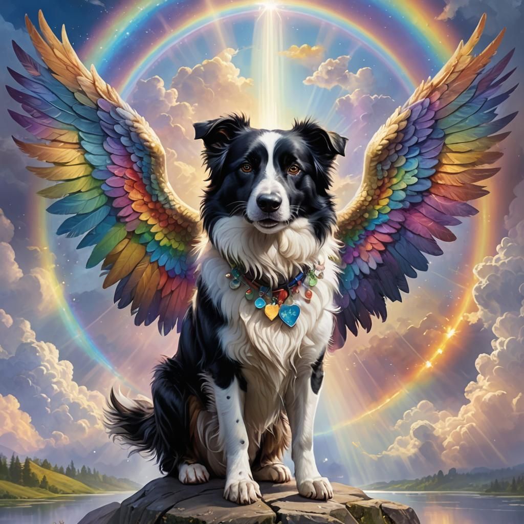 Majestic Border Collie on Rainbow Bridge with Angel Wings