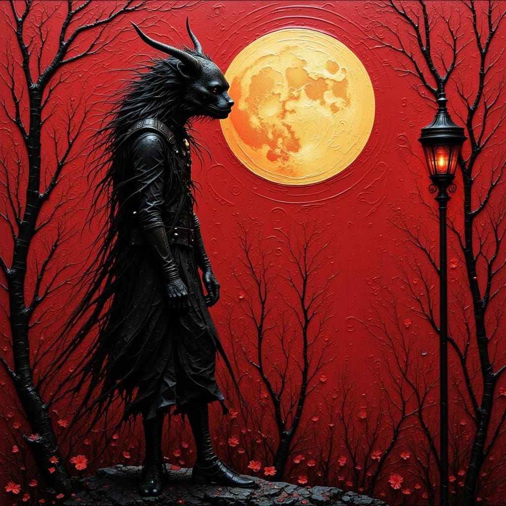 Mixed media textured painting of a Layered Silhouettes, Incredibly Pretty Dark Silhouette Huge Beast Figure red bla...