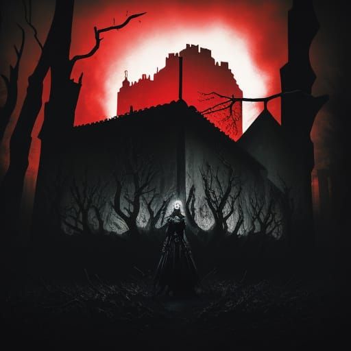 Gothic Model in Dead Landscape with Neon Lights