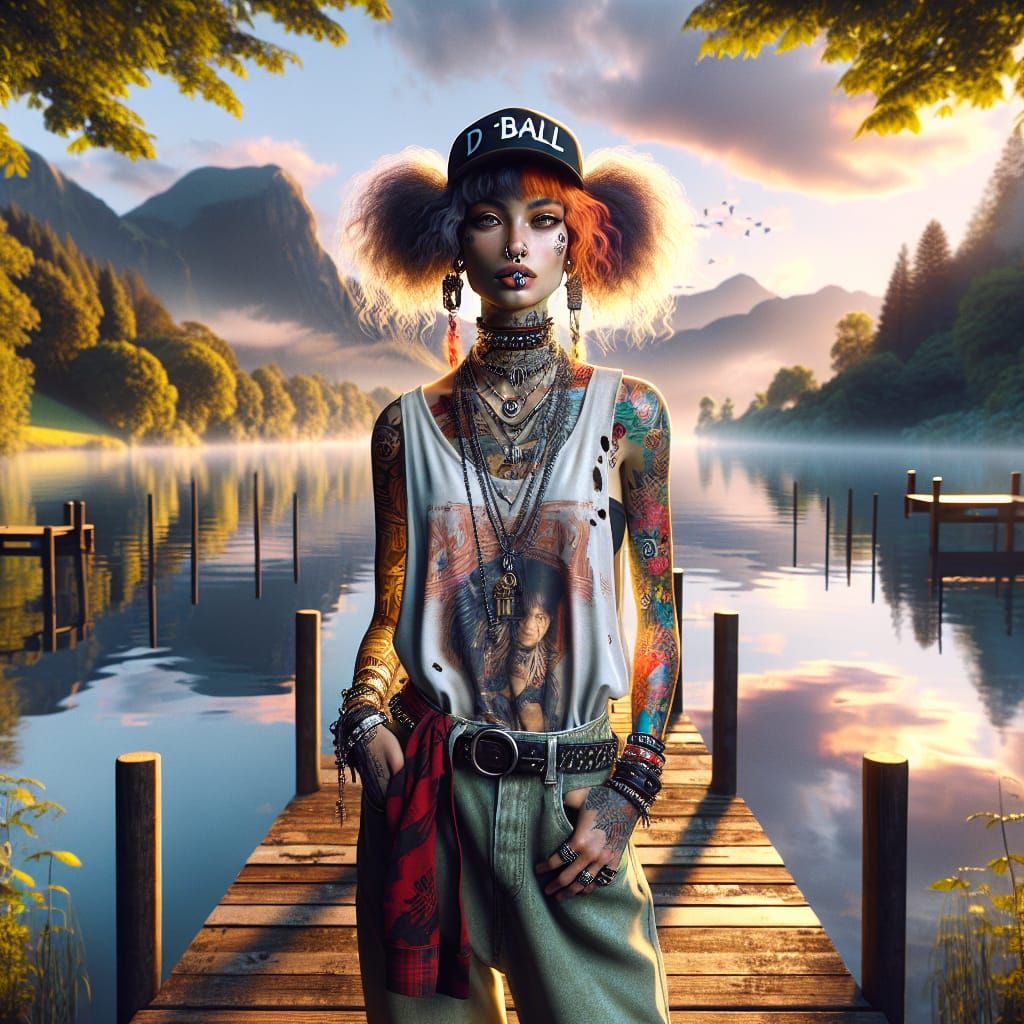 Punk Woman on Dock: A Hyperrealistic Digital Art